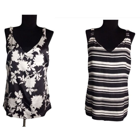 WHBM S Tank Top Reversible Sleeveless Floral Striped Print Black White V Neck - Picture 1 of 12